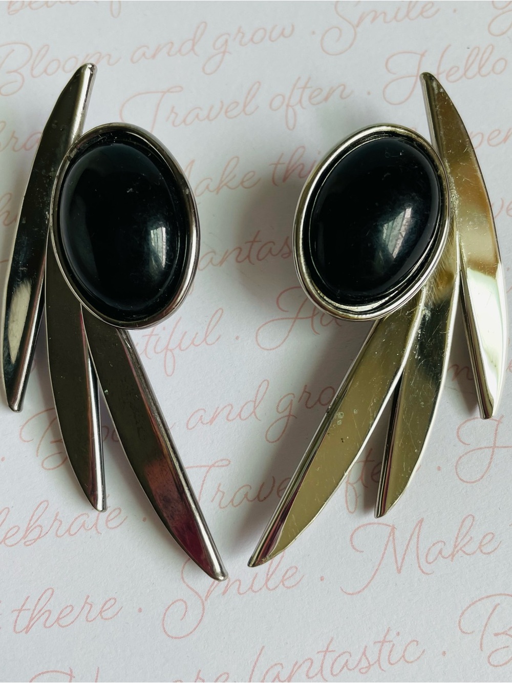 Vintage MCM Mid-Century Modern Chunky Statement Silver Tone Black Earrings